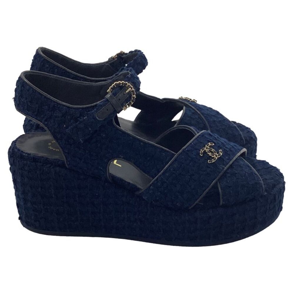 Chanel CC Wedge Sandals in Blue Cotton Tweed